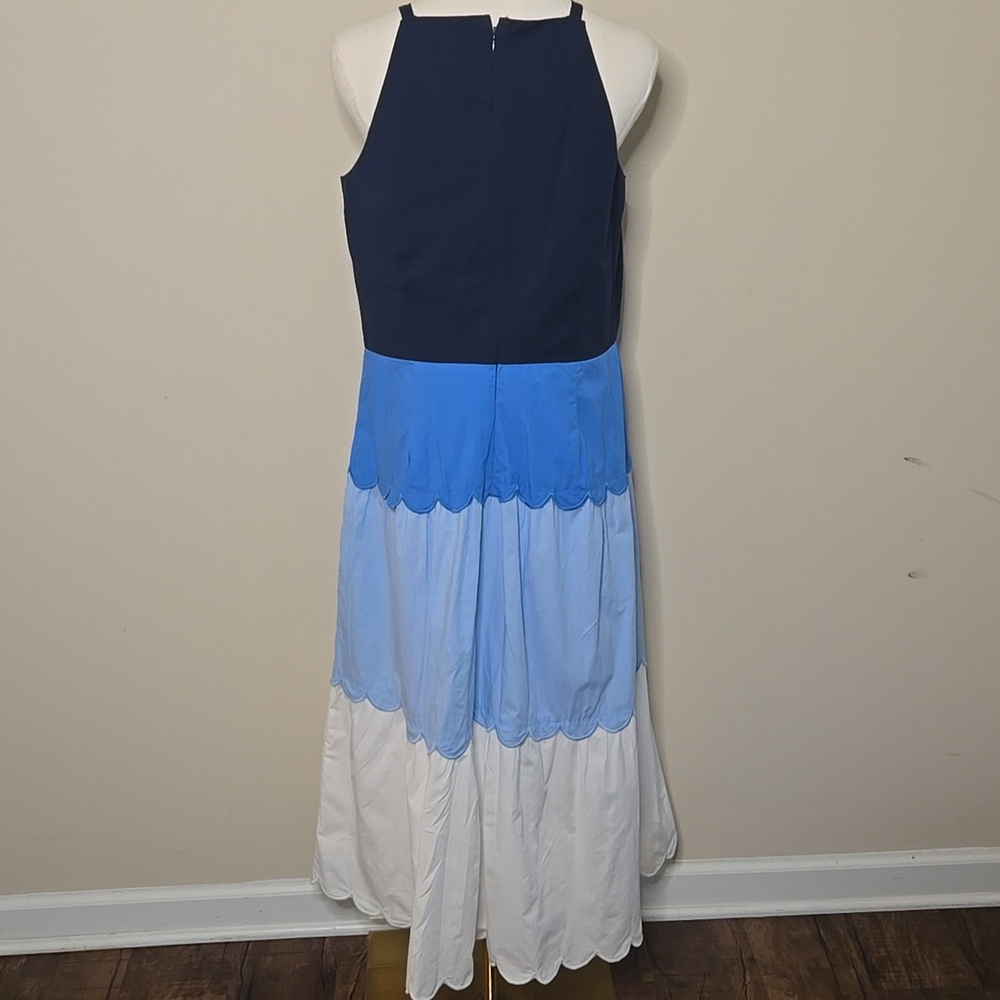 Ann Taylor Colorblock Tiered Midi Dress Navy Blue Blue White Scalloped Hem 12P - Picture 5 of 7